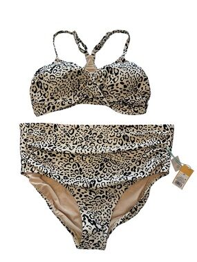 Mob Wife Aesthetic Leopard Print Bikini in Beige and Black Plus Size NWT